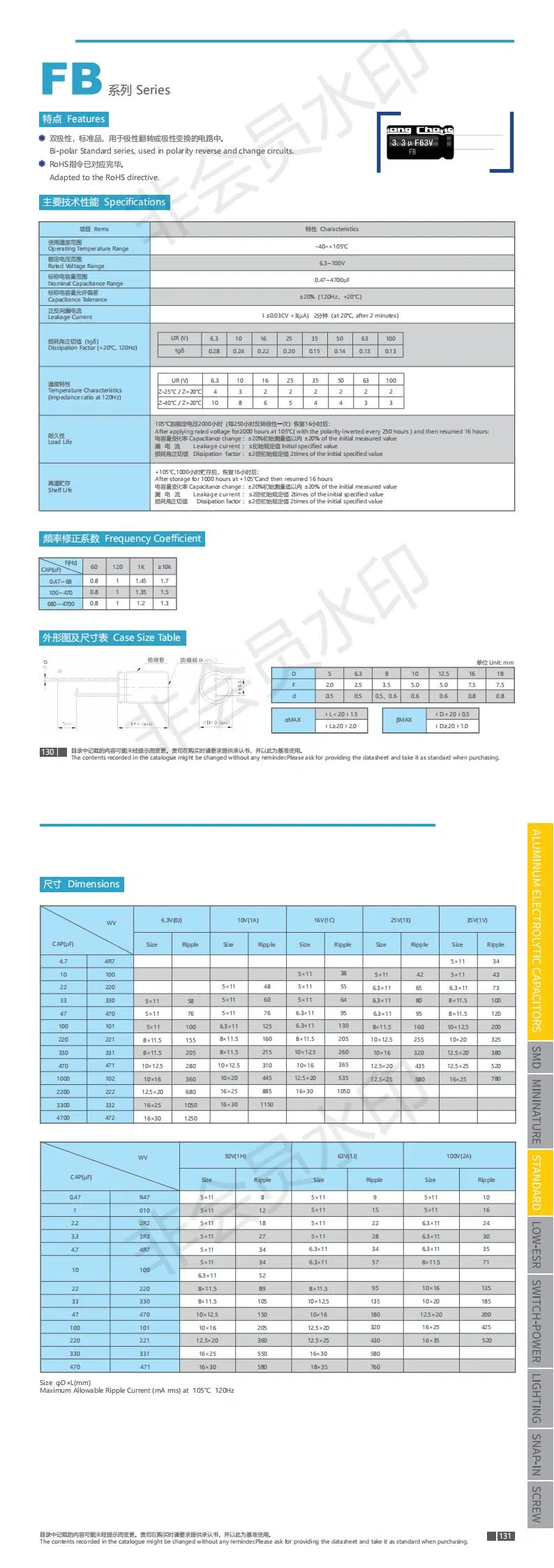 Aluminum electrolytic capacitor Radial Lead Type FB series 0.47UF~4700UF