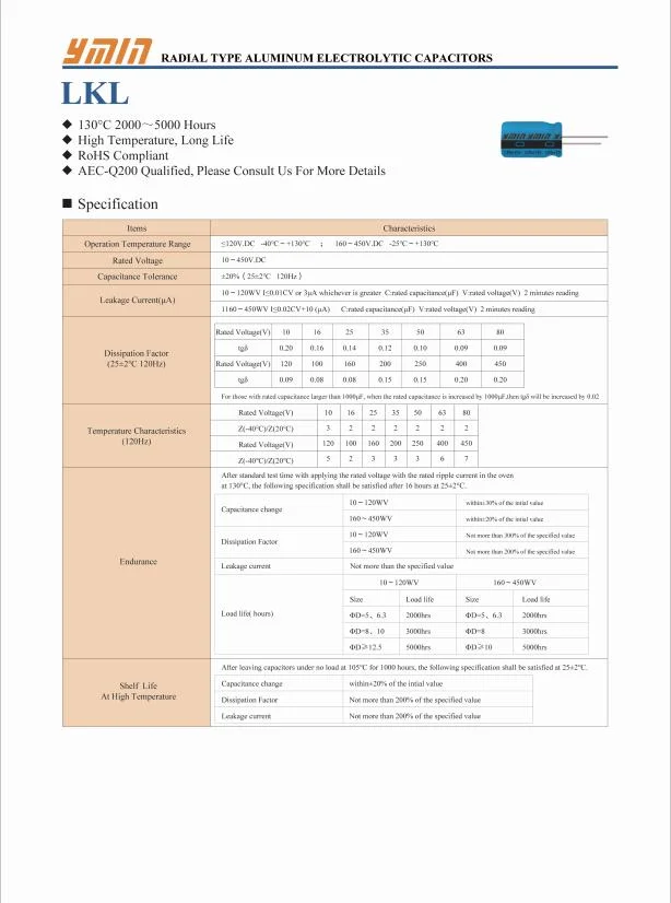 Ymin Lkl 100V 47UF 8*16 5000h 125&deg; C Radial Lead Type Liquid Aluminum Electrolytic Capacitors