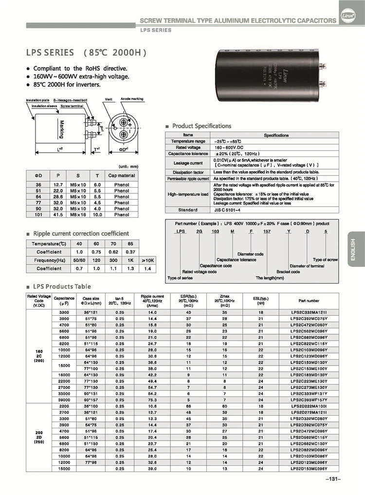 400V 330UF. 2000hrs. 85deg. 20%. Screw Terminal/Snap in Aluminum Electrolytic Capacitor. Standard Type. Lfg331m22050fva