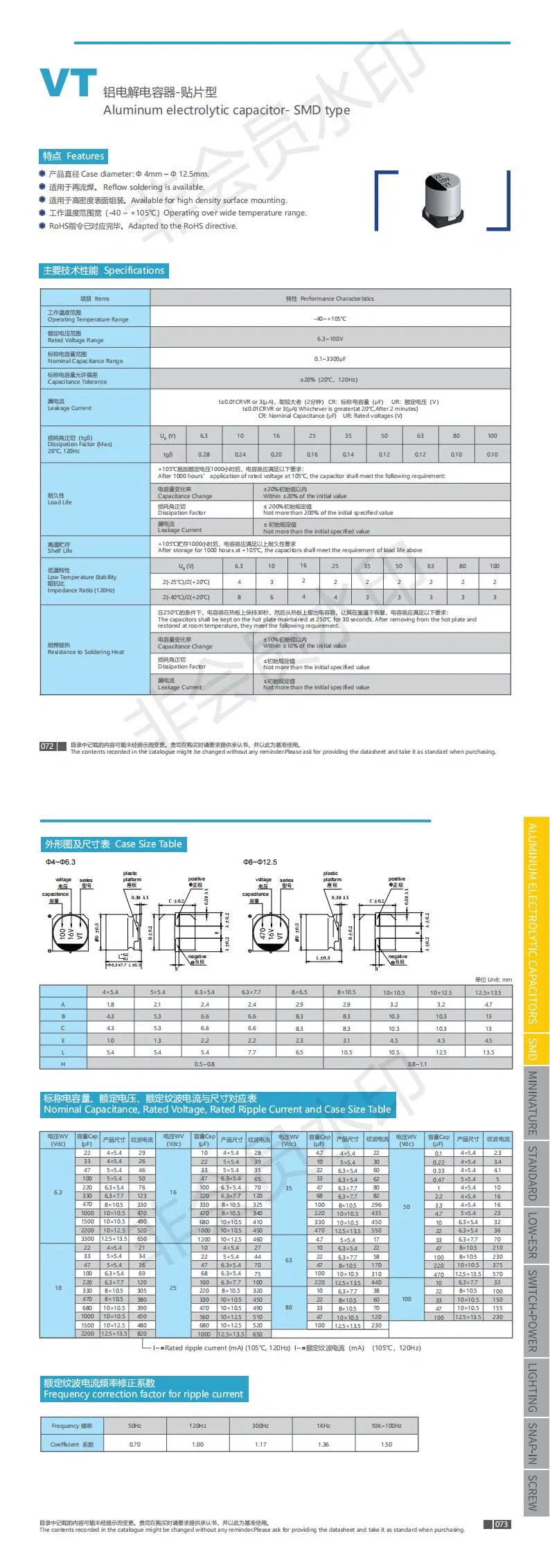 Aluminum electrolytic capacitor SMD type VT series 0.1UF~3300UF