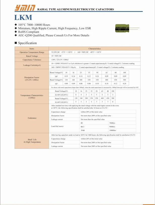 Ymin Lkm 50V 10UF 5*9 7000h 105&deg; C Radial Lead Type Liquid Aluminum Electrolytic Capacitors